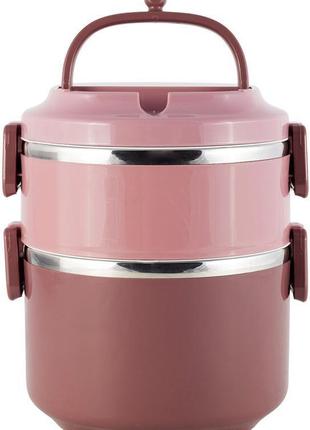 Ланч-бокс kamille snack 1700мл двухуровневый, пластик и нержавеющая сталь, розовый1 фото