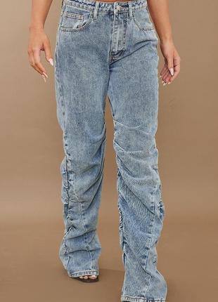 Трендовые джинсы кислотно-голубые прямые ножки с рюшами джинсы denim jeans3 фото