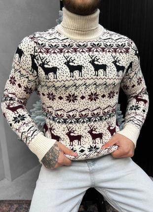 Новорічний светр в'язаний/новогодний свитер вязаный deer white