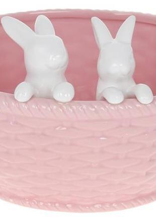 Конфетница-кашпо "зайки в корзинке" 29х18.5х13.5см, керамика, розовый с белым