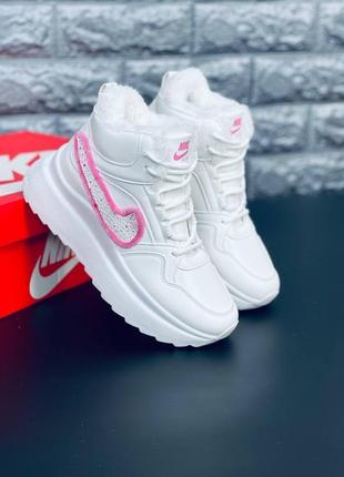 Зимние кроссовки найк nike white/pink женские на меху хай топы найк