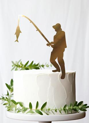 Золотий топпер "силует чоловіка рибака" 13х10cм (без палички) фігурка на торт квіти з дзеркального пластику золото