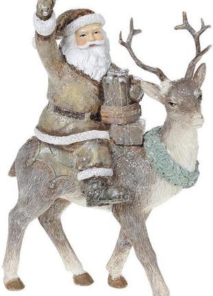 Декоративна статуетка "санта на олені" 22.5 см, полістоун, бежевий із глітером