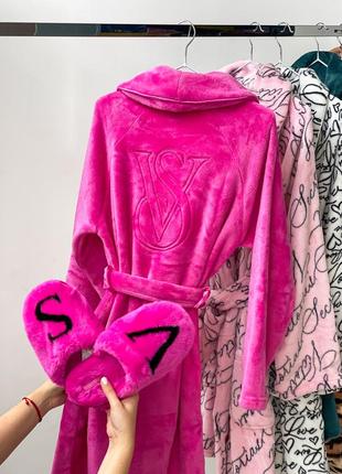 Флисовый халат тёплый женский чёрный розовый виктория сикрет оригинал