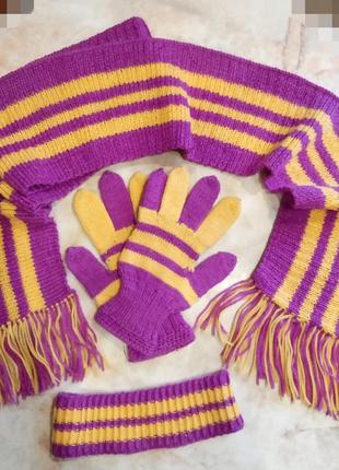 Комплект вязаный зимний детский повязка шарф перчатки новый1 фото