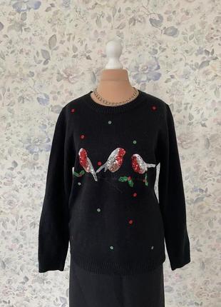 Різдвяний чорний светр джемпер з вишитими пташками снігирями м5 фото