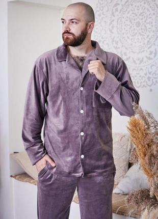 Домашній костюм піжама чоловіча велюр плюш сорочка і штани томіко капучіно1 фото