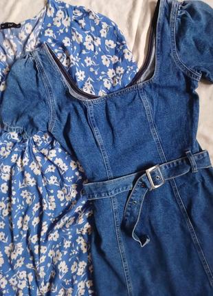 Платье джинсовое мини с поясом и квадратным вырезом на молнии плотный джинс2 фото
