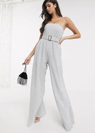 Красивый вечерний нарядный серебристый комбинезон палаццо плиссе люрекс bariano