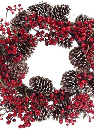Новорічний декоративний вінок із червоних ягід із шишками ø60 см1 фото