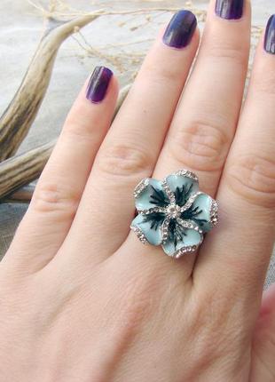 Комплект кольцо и серьги гвоздики с нежными голубыми цветами эмаль. цвет голубой серебро2 фото