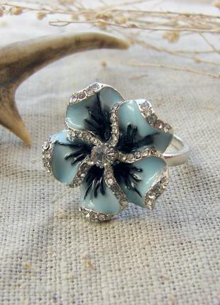 Комплект кольцо и серьги гвоздики с нежными голубыми цветами эмаль. цвет голубой серебро5 фото