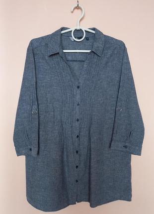 Світло синя натуральна подовжена блузка, блуза льон плюс бавовна, сорочка, рубашка 52-54 р.