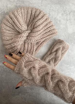 Перчатки без пальцев вязаные митенки беж молочные перчатки ручная работа белые...