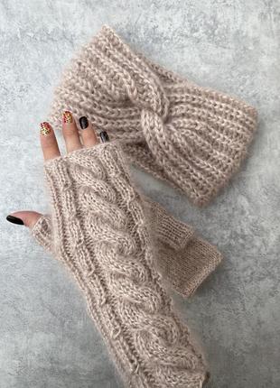 Перчатки без пальцев вязаные митенки беж молочные перчатки ручная работа белые...