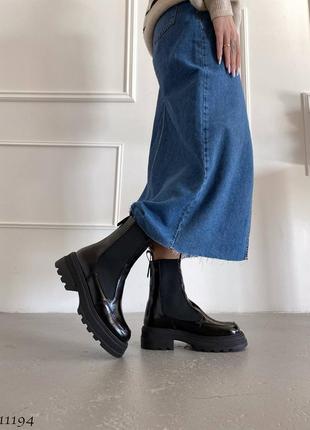 Челси женские черные кожаные лаковые ботинки зима9 фото