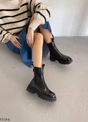Челси женские черные кожаные лаковые ботинки зима2 фото