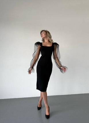 Жіночна сукня міді з прозорими об'ємними довгими рукавами ✨