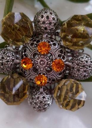 Арт-деко! 👑 винтаж шары большие сканная латунь в серебрении коньячная брошка