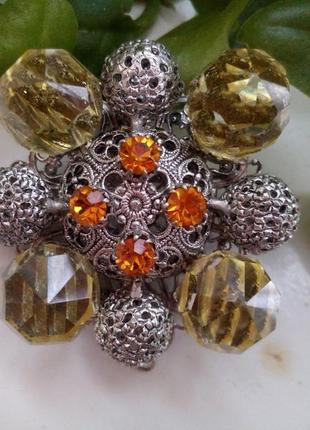 Арт-деко! 👑 винтаж шары большие сканная латунь в серебрении коньячная брошка