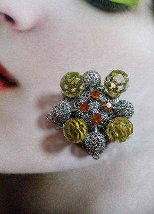 Арт-деко! 👑 винтаж шары большие сканная латунь в серебрении коньячная брошка