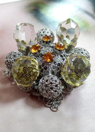 Арт-деко! 👑 винтаж шары большие сканная латунь в серебрении коньячная брошка