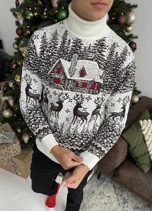 Чоловічий новорічний светр з оленями "house" білий, під шию, розмір l