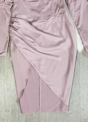 Неймовірна ніжно-рожева атласна корсетна сукня з обʼємними рукавами від misspap  ( сукня на новий рік, вечірня сукня)9 фото