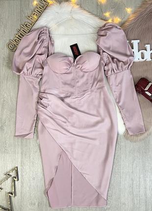 Неймовірна ніжно-рожева атласна корсетна сукня з обʼємними рукавами від misspap  ( сукня на новий рік, вечірня сукня)7 фото