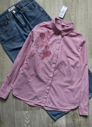 Рубашка свободного кроя, рубашка в полоску с вышивкой, сорочка, блузка с вышивкой, блузка свободного кроя2 фото