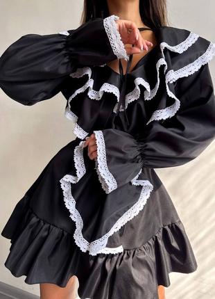 Бавовняна святкова сукня з рукавами ліхтариками пишною спідницею мереживо рюши2 фото
