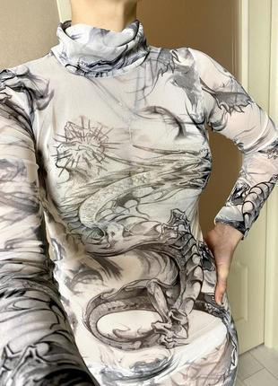 Силуэтное платье fashion nova сетка с принтом дракона, прозрачное мини платье с принтом года 20242 фото