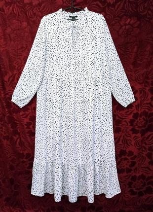 Белое платье в горошек глубокий миди с длинными рукавами свободного кроя длинное платье оверсайз2 фото