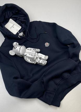 Мужское теплое худи moncler на флисе темно-синее