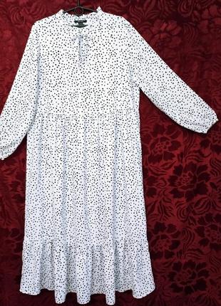 Белое платье в горошек глубокий миди с длинными рукавами свободного кроя длинное платье оверсайз3 фото