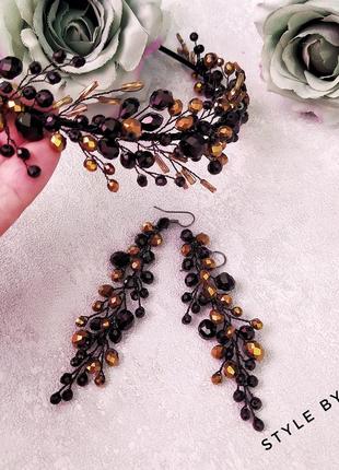 Набір сережки довгі і ободок чорний з золотом6 фото