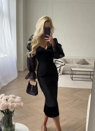 Чорна сукня єлегантна вечірня з красивими рукавами міді платье черное миди с шифоновыми рукавами