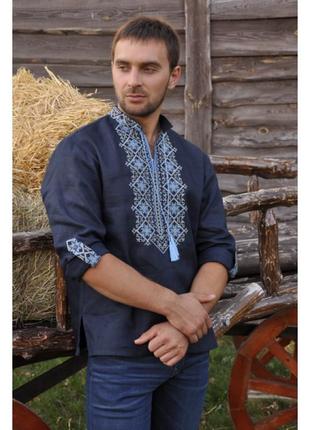 Вышитая мужская рубашка со стойкой и длинным рукавом из натурального льна1 фото