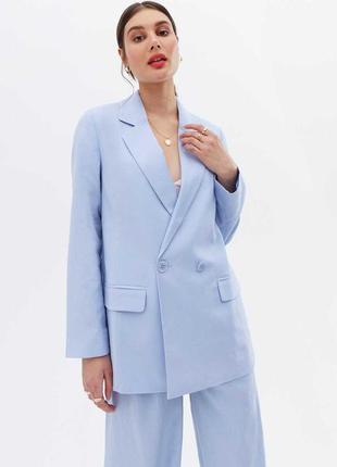 Новый бледно-голубой блейзер из льна прямого кроя оверсайз new look