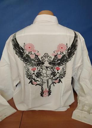 Нова біла чоловіча сорочка преміумкласу з художнім принтом "крила та квіти"