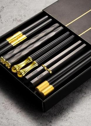 Набор столовых приборов в восточном стиле палочки  цвет черный  золотистый  нержавеющая сталь (10 шт)