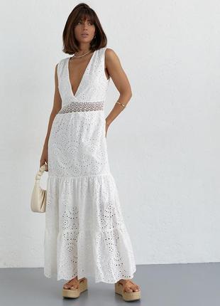 Длинное платье из прошвы и кружевом на талии - белый цвет, 36р5 фото