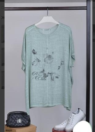 Зеленая футболка с рисунком цветами батал большой размер