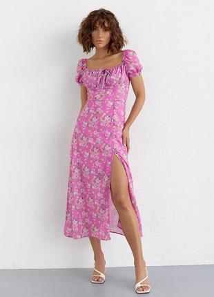 Летнее платье миди с кулиской в цветочный принт - розовый цвет, s
