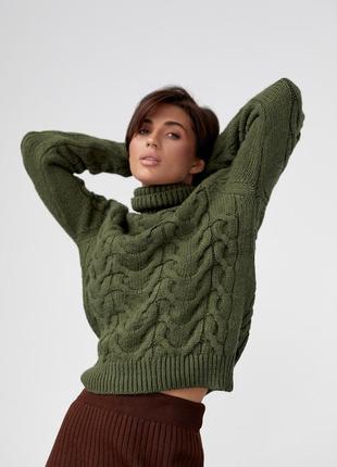 Женский свитер из крупной вязки в косичку - хаки цвет, l5 фото