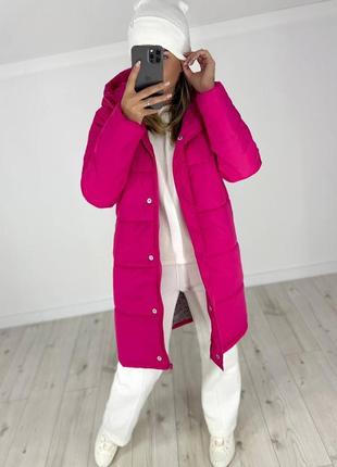 Пальто куртка пуховик жіноче довге осіннє демісезонне зимове на осінь зиму тепле утеплене сіре чорне рожеве малинове базове з капюшоном стьобане батал9 фото