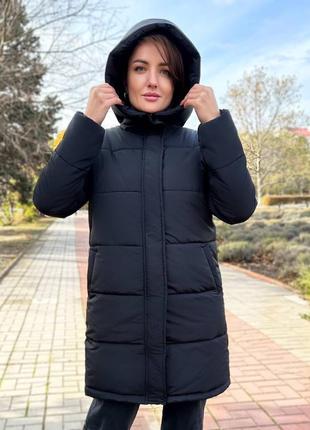 Куртка пальто пуховик женская длинная осенняя демисезонная зимняя на осень зима теплая утепленная серая черная розовая малиновая базовая с капюшоном стеганая батал