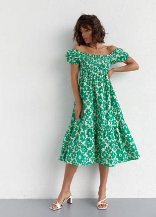Платье в крупные цветы с открытыми плечами - зеленый цвет, m
