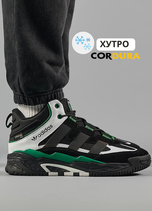 Зимние мужские водостойкие кроссовки на меху adidas originals niteball men’s/ cordura, black green white ❄️
