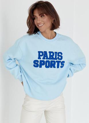 Теплый свитшот на флисе с надписью paris sports - голубой цвет, s6 фото